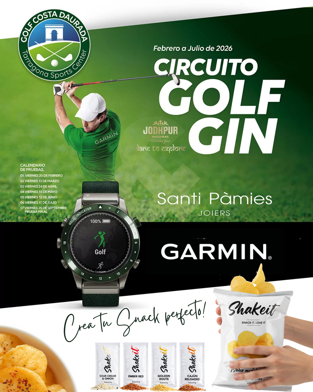 Cartel oficial del Circuito Golf Gin 2026 en Golf Costa Daurada con Shakeit como patrocinador