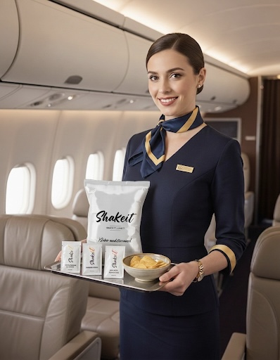 Azafata sirviendo Shakeit a bordo de avión premium