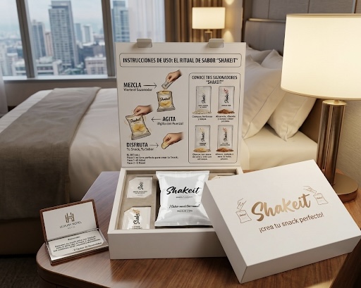 Caja Expositora Shakeit abierta con instrucciones del ritual en habitación de hotel