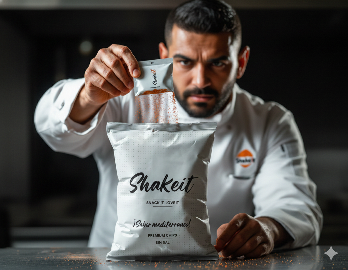 Chef profesional presentando el ritual Shakeit con sachet de especias